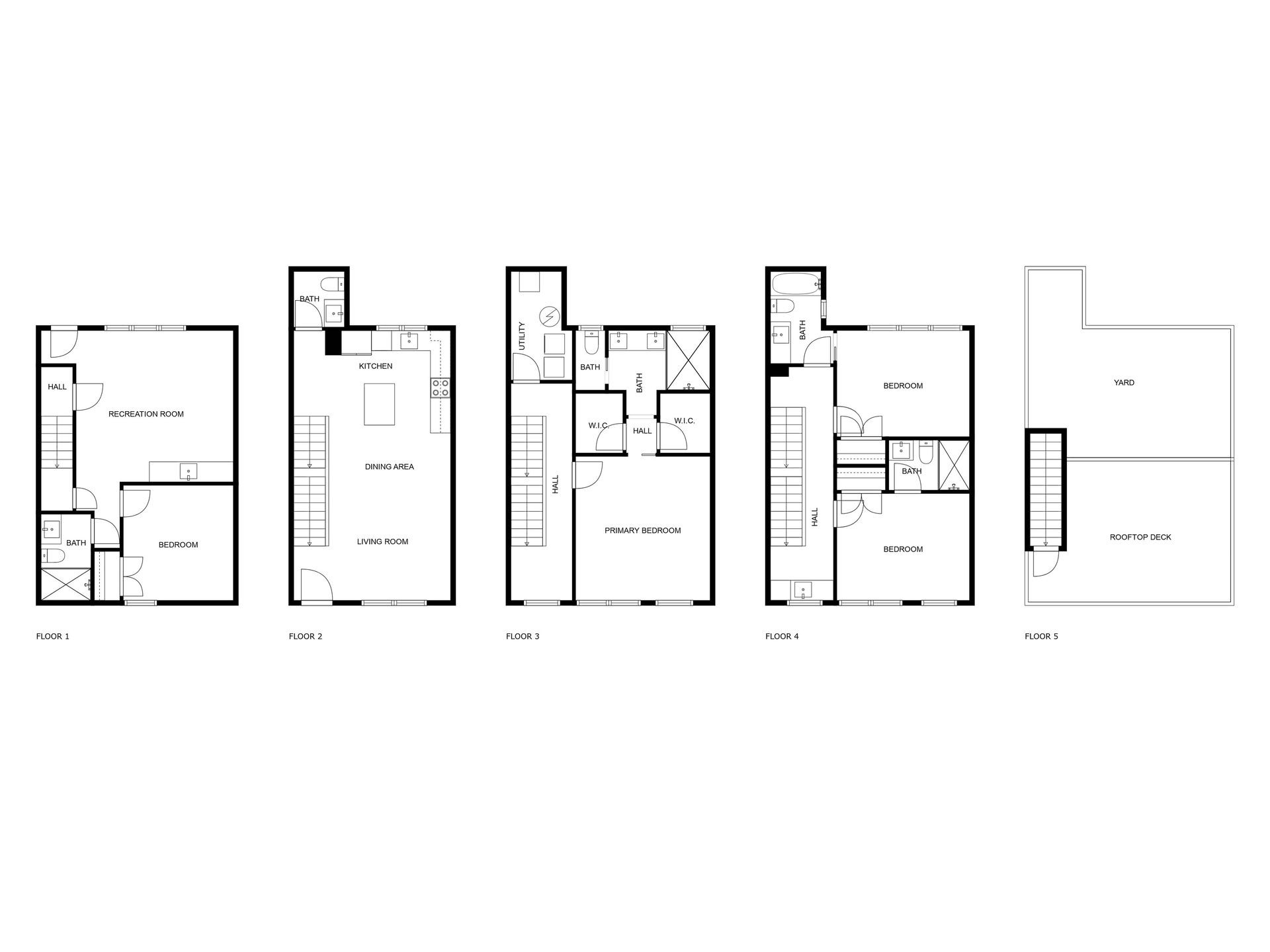 Architectural floor plans showing five levels with various rooms and design layouts including recreation and living areas.
