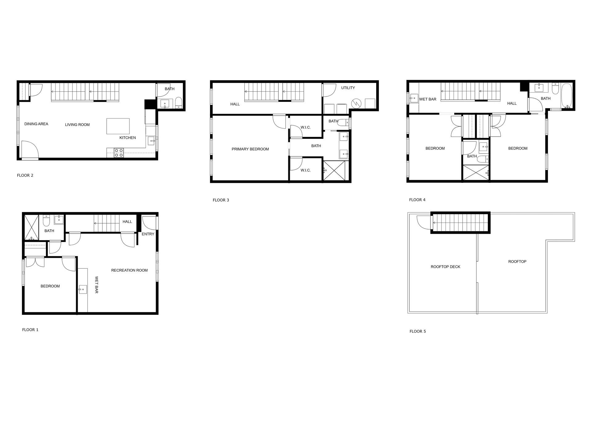 Five floor plans showing different layouts including living areas, bedrooms, and a rooftop deck.